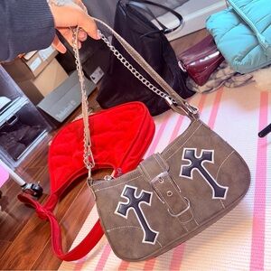 PrettyLittleThing Gray Shoulder Bag with Chain and Cross Accents